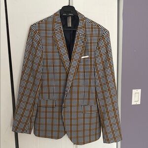 Zara Brown and White Sport Coat with Classic Plaid Design